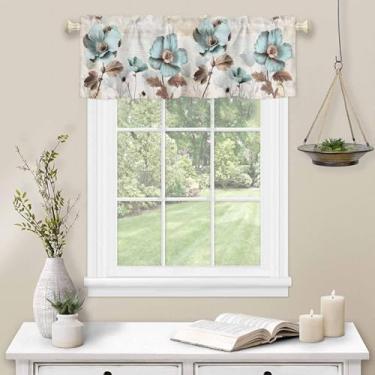 Imagem de Cortina de cozinha com flores vintage para janela, verde-petróleo, floral, bolso para varão, sanefa, cozinha, tratamento de janela para quarto, sala de estar, 106,7 x 30,5 cm