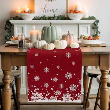 Imagem de Caminho de mesa vermelho com flocos de neve de Natal com textura branca para mesas de jantar, corredor de jantar, cozinha, decoração de mesa de festa, 33 x 182 cm