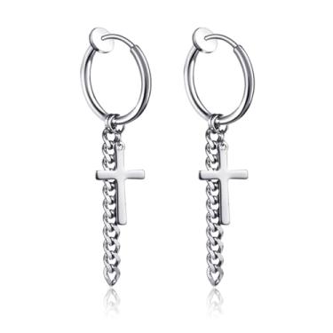 Imagem de Brincos masculinos, de aço inoxidável, conjunto de brincos hipoalergênicos, cruz, pendurados, joias, presente para homens e mulheres, one size, Titânio, Sem pedra preciosa