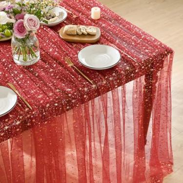 Imagem de Horaldaily Toalha de mesa retangular de gaze com estrela cintilante de ouro vermelho 152 cm x 261 cm, folha metálica com glitter de estrela dourada, gaze de tule de chiffon transparente para festa de