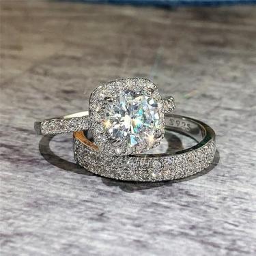 Imagem de 2 peças/conjunto de anéis de noivado elegantes banhados a ouro branco com zircônia cúbica incrustada, alianças de compromisso, festas noturnas, presentes de dia dos namorados, alianças de eternidade