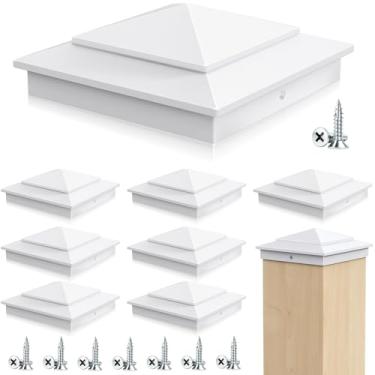 Imagem de Toscoco Tampas de poste pirâmide brancas de alumínio 6X6 para postes de madeira reais de 14 cm x 14 cm, tampas de postes de cerca resistentes para caixa de correio de deck de cerca de cedro - à prova