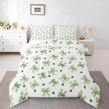 Imagem de jejeloiu Conjunto de cama solteiro com laço verde e laço de princesa, com nó de princesa, para decoração de quarto de meninos e adolescentes