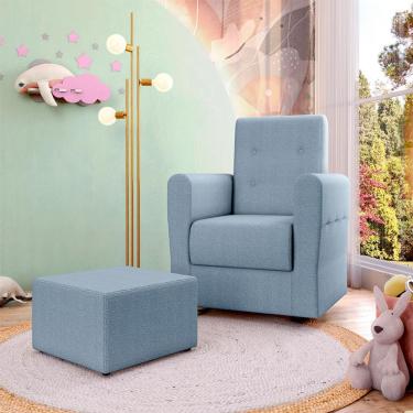 Imagem de Poltrona Decorativa Pés Balanço com Puff Ninho Bouclé Azul