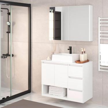 Imagem de Conjunto de Gabinete Suspenso com Cuba Vitória e Armário de Banheiro Aurora 4 Portas 3 Gavetas Branco