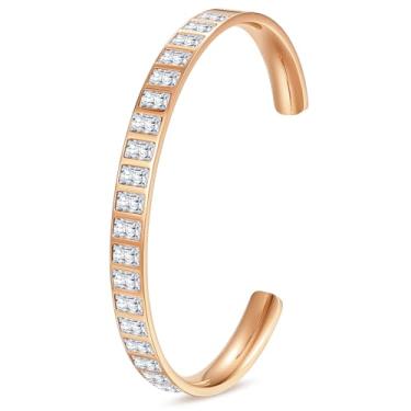 Imagem de Pulseiras femininas banhadas a ouro 18 K, zircônia cúbica quadrada cintilante, impermeável, nunca mancha, joia com pulseira de ouro rosa, equipada com caixa de presente, presente de aniversário e