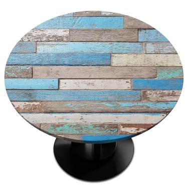 Imagem de hongjinglin Toalha de mesa redonda com borda elástica vintage prancha de madeira para praia, toalha de mesa redonda para decoração de cozinha de 114 a 142 cm