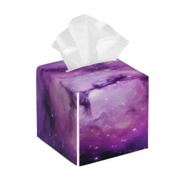 Imagem de Porta-lenços de papel quadrado de couro, impermeável, roxo, céu estrelado, organizador de papel facial com cinto inferior, estojo de lenços para mesa, banheiro, escritório, mesa, carro, decorativo