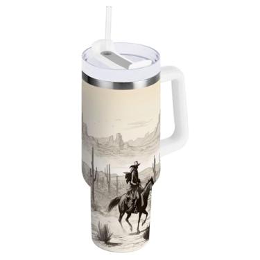 Imagem de xigua Copo vintage Western Cowboy de 1,134 g com tampa e canudo, aço inoxidável de vácuo duplo isolado garrafa de água esportiva suporte para copo de café de viagem à prova de vazamento para bebida