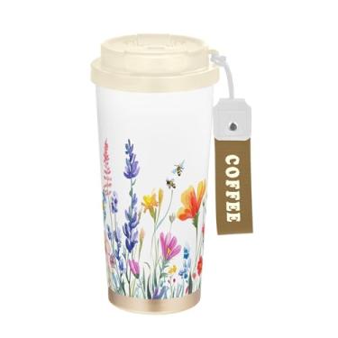 Imagem de SEHANY Caneca de viagem colorida de ervas silvestres de 500 ml Copos de café reutilizáveis revestidos de cerâmica com tampa à prova de vazamento, parede dupla, isolamento a vácuo, copo de café de aço