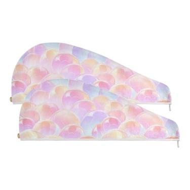 Imagem de SEHANY Toalha de cabelo de microfibra roxa pálida escamas de sereia para mulheres, 2 peças, turbantes de cabelo de secagem rápida com botão, touca de cabelo seco absorvente toalha de secagem de cabelo