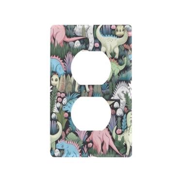 Imagem de Blueangle Placa de parede de tomada dupla colorida de dinossauro, tamanho padrão, placas de cobertura de tomada elétrica de 1 gangue para decoração de quarto de escritório em casa, 4,53 x 2,76