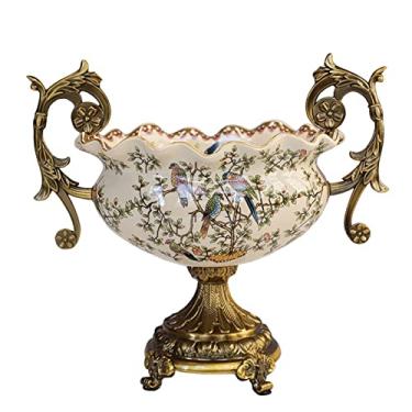 Imagem de YYBOES Fruteira prato de frutas novo estilo chinês retrô pintado à mão cerâmica fruteira casa sala de estar sala de jantar decoração de mesa cabo binaural prato de frutas prato de frutas