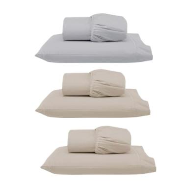 Imagem de Kit 3 Jogos de Lençol Solteiro com Elástico e Fronha Bordada em Ponto Palito, 6 Peças em Micropercal 300 Fios 100% Poliéster (Solteiro Versat(Cinza/Cáqui/Cáqui))