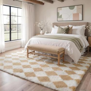 Imagem de GENIMO Tapete quadriculado, 15 x 23 cm, para quarto de crianças, macio, felpudo, tapete felpudo para sala de estar, berçário, sala de jogos, dormitório, decoração de casa moderna, estética, bege e