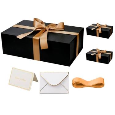 Imagem de YINUOYOUJIA Pacote com 3 caixas de presente pretas grandes com tampa, caixas de presente magnéticas com fita, cartões e envelopes para presentes, ótimo para casamento, aniversários, artesanato