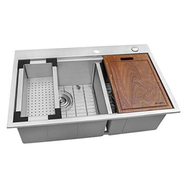 Imagem de Ruvati 83,8 x 55,88 cm Estação de trabalho Drop-in 60/40 Double Bowl Topmount Tight Radius 16 Gauge Stainless Steel Ledge Kitchen Sink - RVH8035
