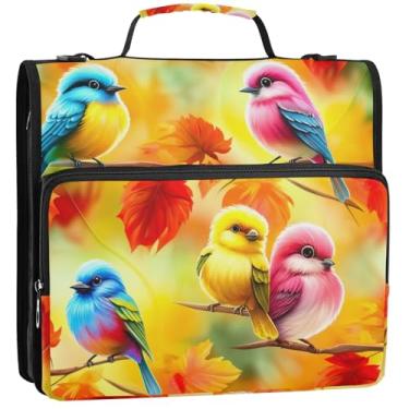 Imagem de Organizador de fichário com zíper, pássaros fofos, laranja, 3 anéis, 3 anéis, bolsa para documentos escolares com alça de ombro, vários bolsos, pasta grande, 34,5 x 31,5 x 9 cm