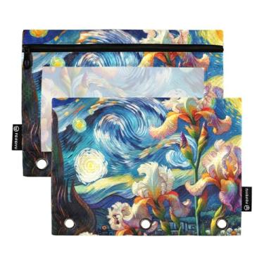 Imagem de Pasta para meninas, 3 anéis, bolsa de lápis, fichário com zíper, bolsa para canetas, pastas transparentes, bolsos escolares macios, noite estrelada, íris de flores, 25 x 18 cm, 2 pacotes