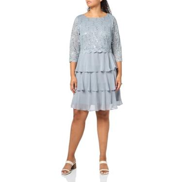 Imagem de Jessica Howard Vestido midi de renda em camadas com mangas 3/4 e gola canoa, Aço, 46