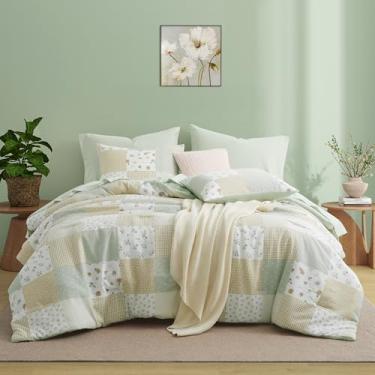 Imagem de Oli Anderson Conjunto de edredom floral com 7 peças, cama reversível de patchwork com flores para todas as estações (verde claro, solteiro)