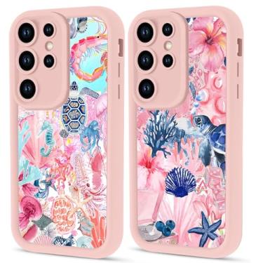 Imagem de Zrutru Pacote com 2 capas de telefone verão praia para Samsung Galaxy S25 Ultra 5G 6,8 polegadas, linda colagem flor tartaruga concha capa estética oceânica, capa protetora de TPU macio rosa para