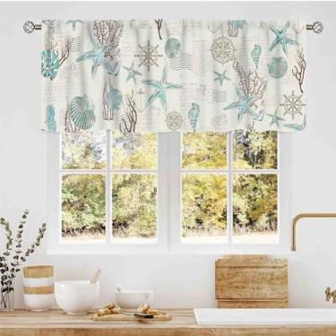 Imagem de Caixotes costeiros para janelas, nautcial Starifish Beach Coastal Seashell Starfish Blue Coral Rod Pocket Small Short Valance Cortinas para cozinha, café, sala de estar, quarto, armário, banheiro, 137