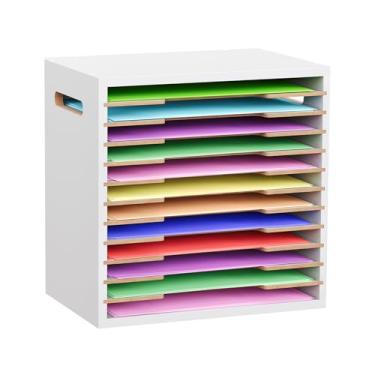 Imagem de ToBeAce Organizador de papel para scrapbook de 20,5 x 28 cm de madeira, organizador de arquivos de mesa de 12 camadas com alça, suporte de armazenamento de papel de construção de 23 x 30,5 cm