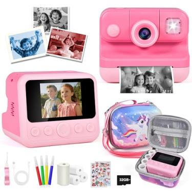 Imagem de Elecoutek Câmara de impressão instantânea para crianças com bolsa de transporte, câmara HD 1080P para meninas com 4 rolos de papel de impressão, canetas coloridas e cartão de 32 GB, presentes de