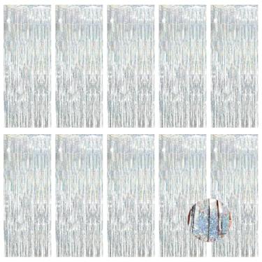 Imagem de Pacote com 10 cortinas prateadas de 1 m x 3 m, cortinas metálicas com franja de folha de estanho, cenário de cabine de fotos, cenário para festa de aniversário, noivado, despedida de solteira, prata