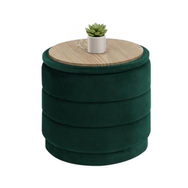 Imagem de B FSOBEIIALEO Otomano de armazenamento de veludo redondo com bandeja, otomano dobrável com mesa de centro de armazenamento descanso de pés para dormitório, sala de estar, garrafa verde, 39 cm x 39 cm