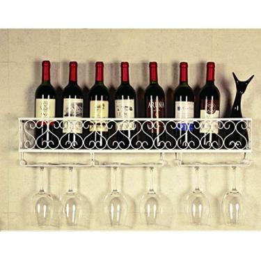 Imagem de Suporte de garrafa de vidro de vinho de metal montado na parede Suporte de taça de vinho suspenso | Prateleira organizadora de armazenamento de vinho de parede (Cor: Branco Tamanho: 50 * 10 * 17 cm)
