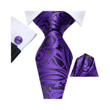 Imagem de Conjunto De Gravata Masculina Com Listras Florais Roxas, Com Lenço De 