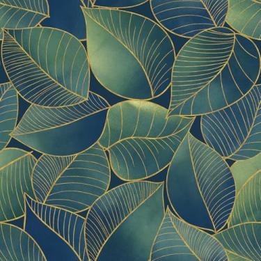Imagem de VaryStyle Papel de parede folhagem botânico verde/ouro/azul marinho, papel de parede para quarto, banheiro, vinil impermeável, autoadesivo, papel de contato verde para armários, prateleiras, paredes