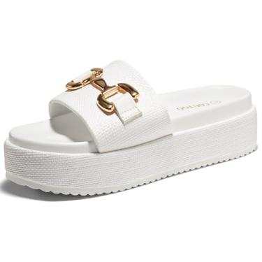 Imagem de Coutgo Sandálias femininas plataforma ráfia, alpargatas, corrente de metal, sem cadarço, bico aberto, lindas sandálias deslizantes de praia, Branco, 40