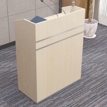 Imagem de Balcão de recepção da frente, mesa de recepção moderna, caixa de bar, balcão de recepção, recepcionista com gavetas com trava, para pequenos bares e lojas de roupas de salão de beleza (madeira