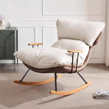 Imagem de Cadeira de balanço, cadeira de balanço acolchoada com encosto alto, cadeira de balanço grande com base de madeira, cadeira reclinável confortável com encosto largo, cadeira moderna para sala de estar