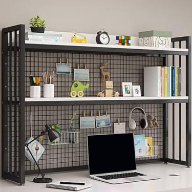 Imagem de Organizador de estante de mesa camada dupla com moldura de aço e material de placa de madeira, suporte de carga estável para escritório, decoração de casa, cozinha (cor: preto + branco, tamanho: 55