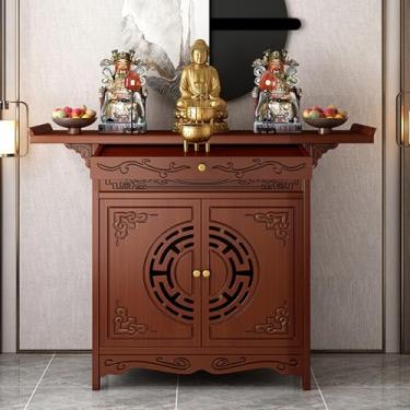Imagem de Mesa de altar de meditação com armário, suporte de nicho de Buda chinês, santuário pessoal para adoração, decoração de Deus da Riqueza para sala de estar, quarto e escritório (vermelho, 100 cm)