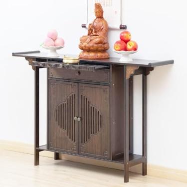 Imagem de Mesa de armário de altar de Buda de bambu, mesa de oferta de meditação de nogueira de 140 cm, nicho de armazenamento doméstico chinês para rituais budistas simples e prática espiritual