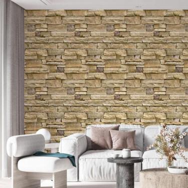 Imagem de Kit 4 Rolos Papel De Parede Adesivo Pedra Bege 3,0M - Gh Papel De Pare