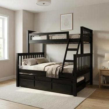 Imagem de Treliche Cama Casal em Madeira Maciça com Cama Auxiliar e 3 Gavetas Ta