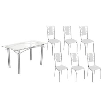 Imagem de Kit Sala de Jantar Elba Lisboa 6 Lugares Tampo de Vidro com Cadeiras Cromadas Courano Branco 150X80CM