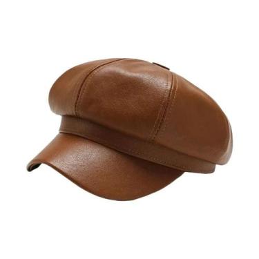 Imagem de Boina Octogonal Feminina Retrô De Couro PU Versátil Para Outono Invern