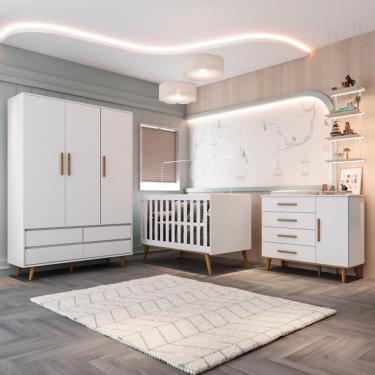 Imagem de Quarto Bebê Completo Retrô Ludmila Berço Americano 3 em 1 Cômoda Fraldário Guarda Roupa Lorena 100% MDF Branco Carolina Baby