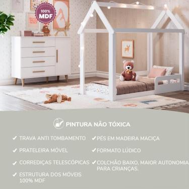 Imagem de Quarto Infantil Montessoriano Cama Casinha Analu Cômoda Ludmila Fraldário 100% MDF Branco Carolina Baby