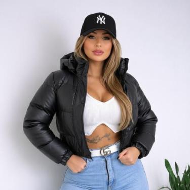 Imagem de Jaqueta Puffer Feminina de Couro Forrada Pelinho Alta Qualidade Capuz 