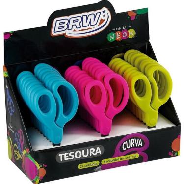 Imagem de Tesoura Escolar BRW Curva Cabo Anatômico Aço Inoxidável 13cm Ponta Arredondada Display com 24 Neon