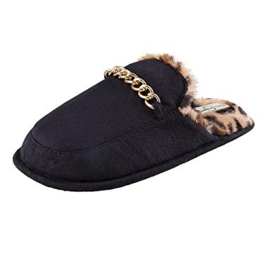 Imagem de Jessica Simpson Pantufa feminina de pelúcia com espuma viscoelástica e sola antiderrapante, Corrente preta, X-Large