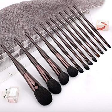 Imagem de Conjunto de pincéis de maquiagem 12 peças de pincéis profissionais de maquiagem premium, kit de cosméticos faciais, pincéis de maquiagem com alças de madeira premium e lã animal macia, marrom